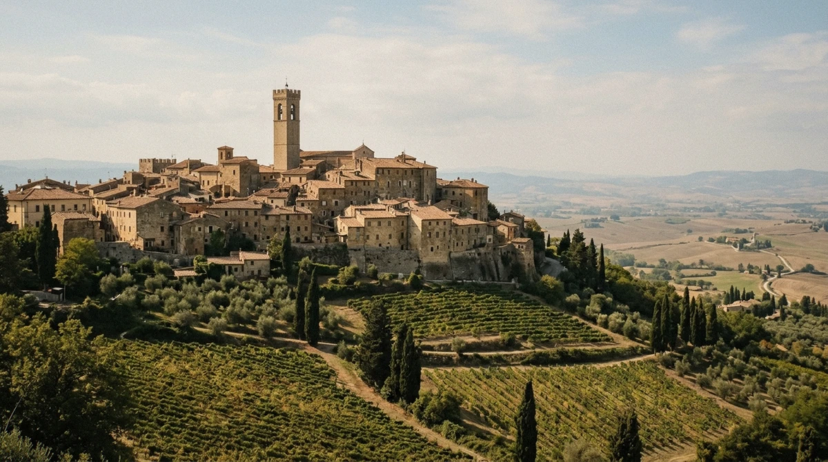 The medieval hilltop town of Montepulciano rising above vineyards at golden hour on a montepulciano wine tour in Tuscany