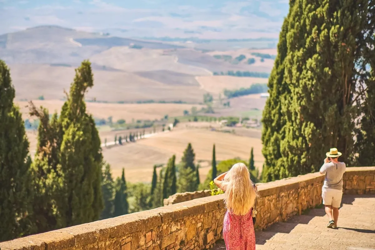 Golden Val d'Orcia hills on a montepulciano wine tour from Florence, Tuscany, Italy