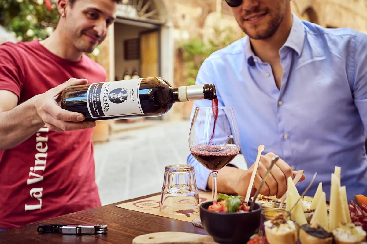 Flight of five Tuscan wines on a montepulciano 5 wine tasting experience in Montepulciano, Italy