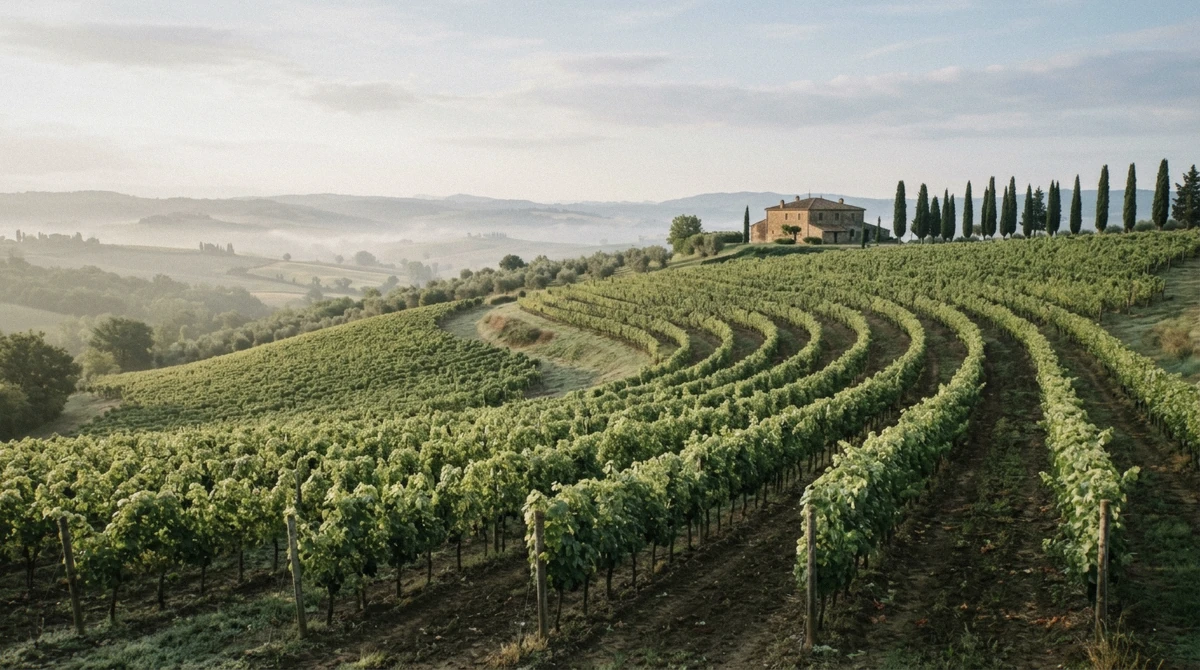 Rows of Sangiovese vines on rolling hills below the hilltop town on a montepulciano wine tour in Tuscany