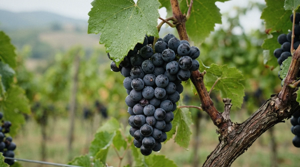 Ripe Prugnolo Gentile grapes on the vine before harvest on a montepulciano wine tour in Tuscany