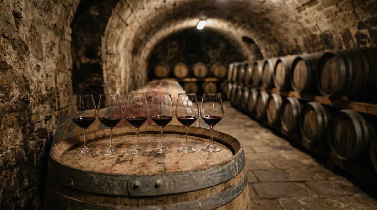 Glasses of red wine lined up for a tasting beside oak barrels in a stone cellar on a montepulciano wine tour